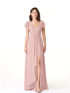 Azazie Omari Dusty Rose Pink V-Neck Flutter Sleeve Gown